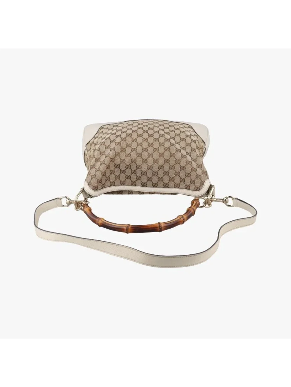 Gucci Bamboo Beige White Canvas Leather Shoulder Bag